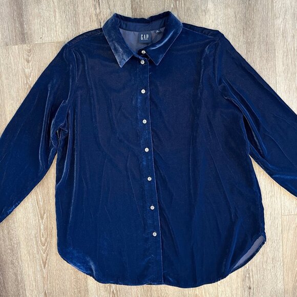 GAP Navy Velvet Boyfriend Shirt Size Medium - Picture 3 of 7